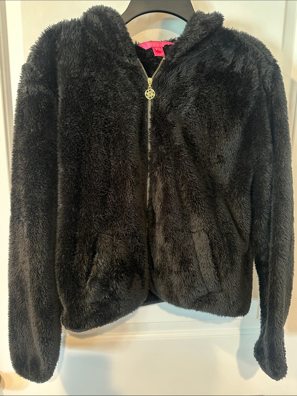 Lilly Pulitzer Black Plush Faux-Fur Hooded Jacket